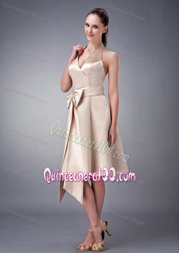 Halter A-line Tea-length Satin Sash 2013 Dama Dress in Champagne