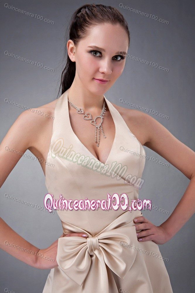 Halter A-line Tea-length Satin Sash 2013 Dama Dress in Champagne