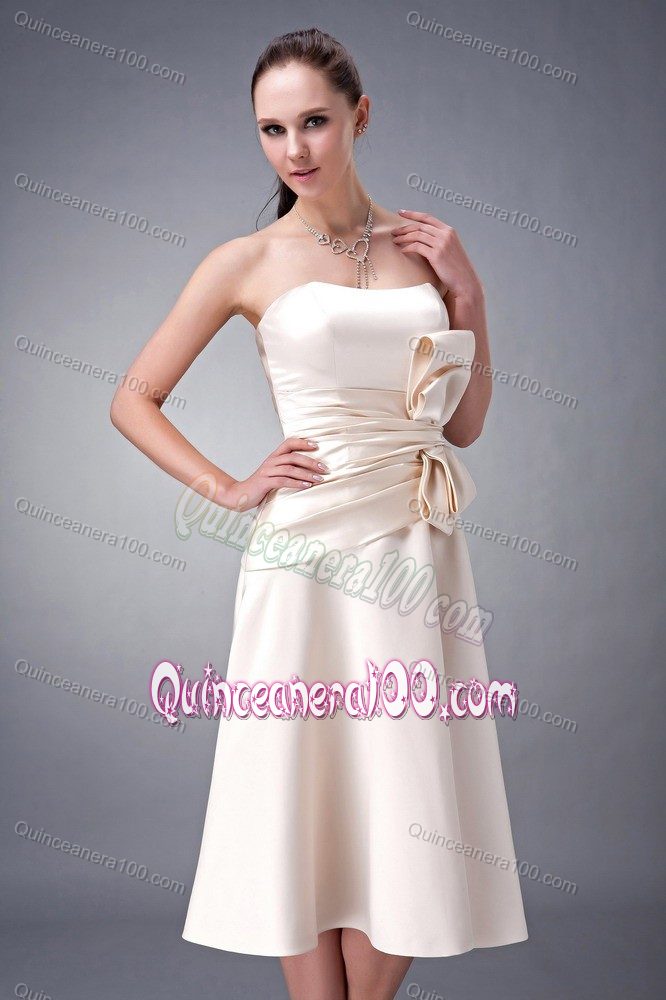 A-line Strapless Champagne Tea-length Satin Dama Dress with Sash