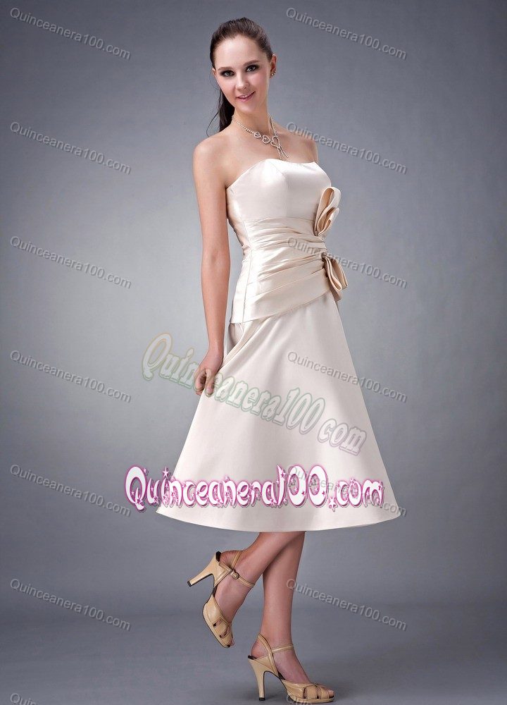 A-line Strapless Champagne Tea-length Satin Dama Dress with Sash