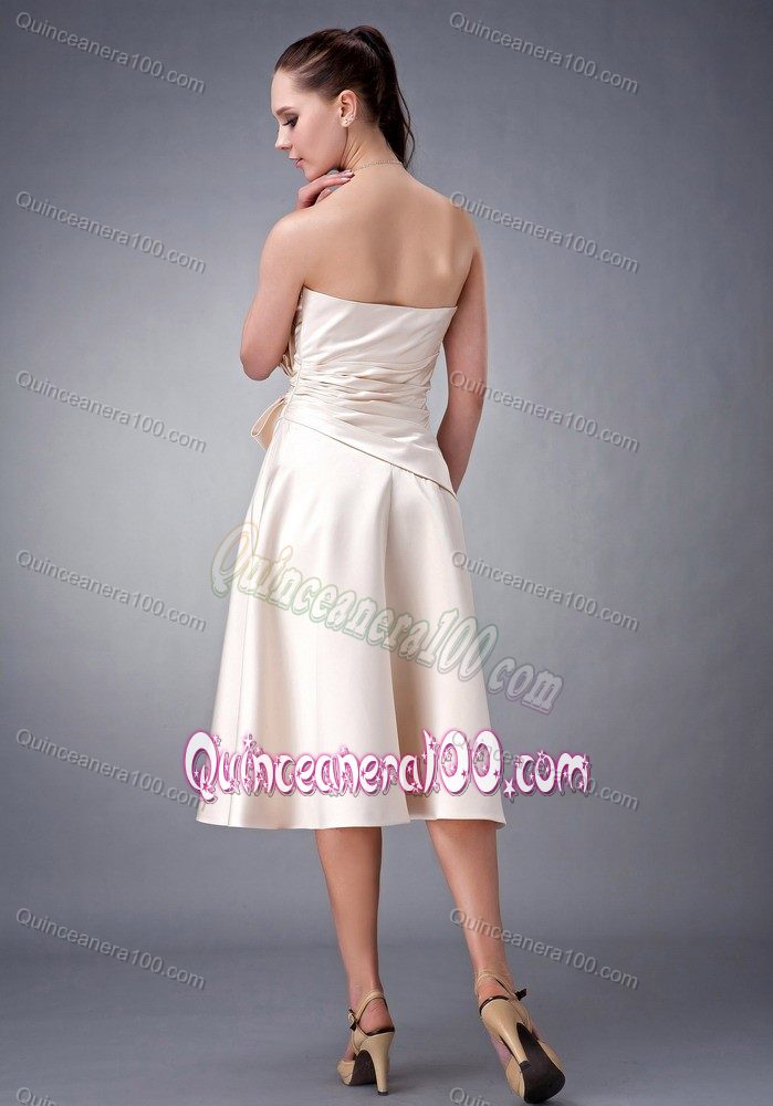 A-line Strapless Champagne Tea-length Satin Dama Dress with Sash