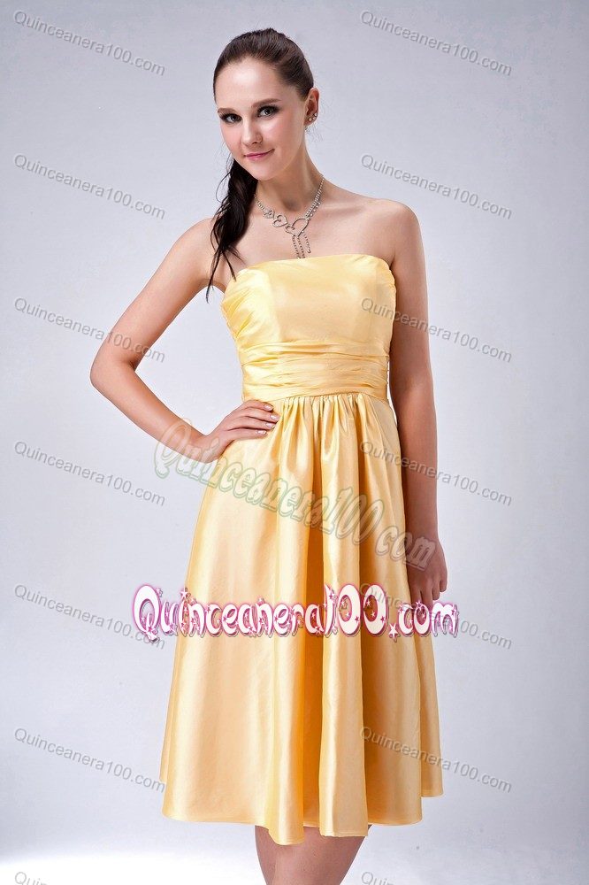 Amazing Gold Empire Strapless Bowknot Satin Dama Dress Tea-length