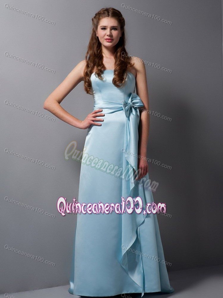 Baby Blue Column Strapless Brush Train Dama Dress with Bowknot