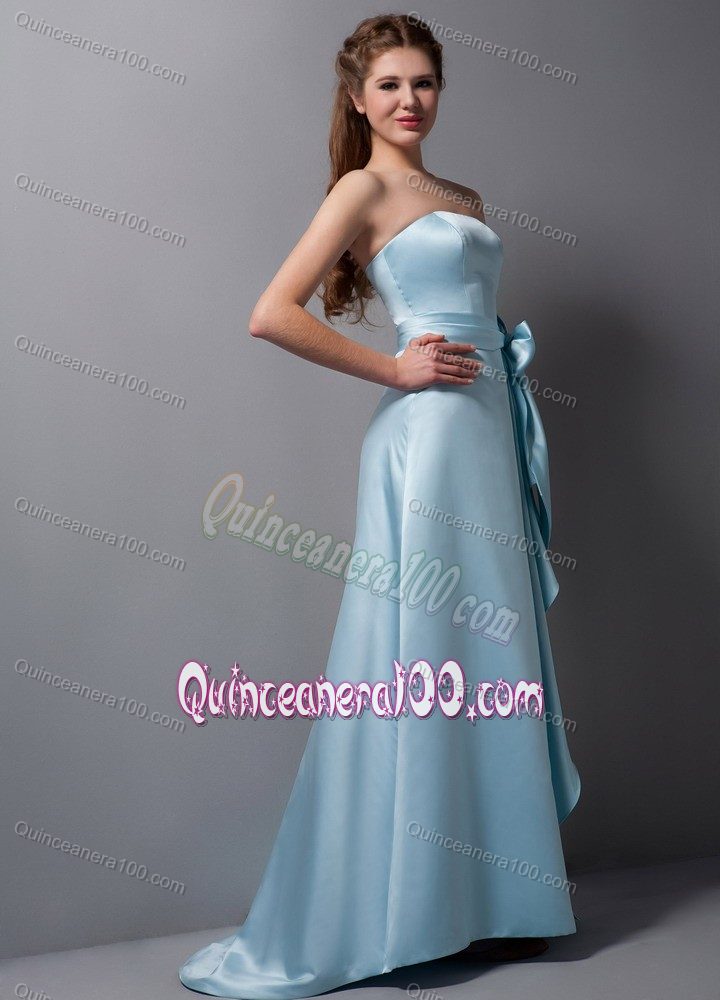 Baby Blue Column Strapless Brush Train Dama Dress with Bowknot