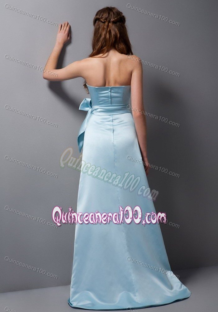 Baby Blue Column Strapless Brush Train Dama Dress with Bowknot