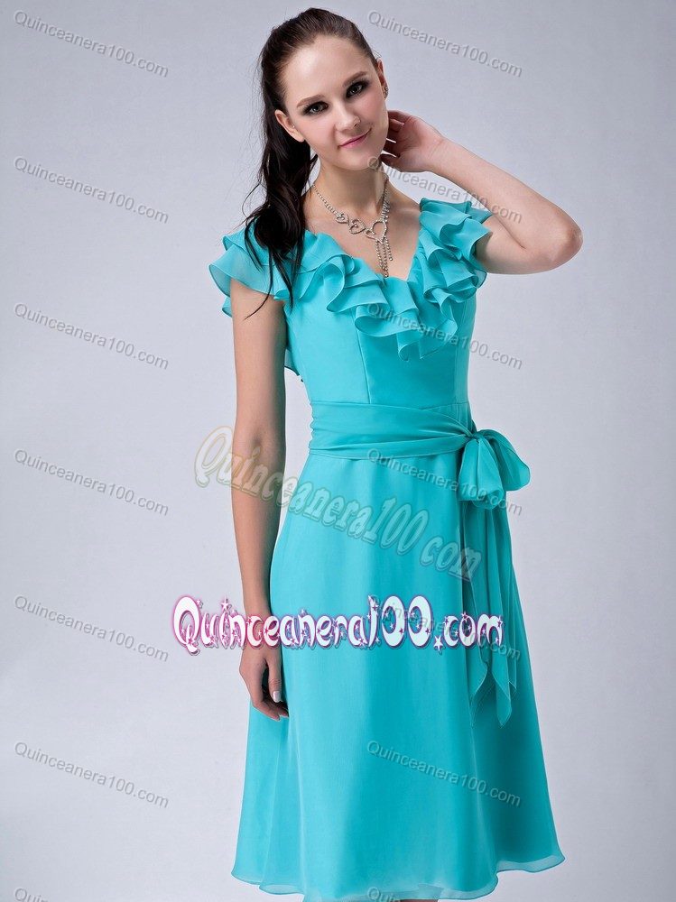 Turquoise Empire V-neck Tea-length Ruffles Dama Dress with Sash