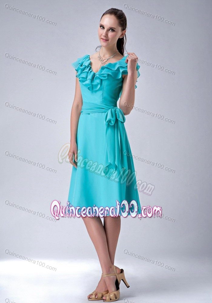 Turquoise Empire V-neck Tea-length Ruffles Dama Dress with Sash