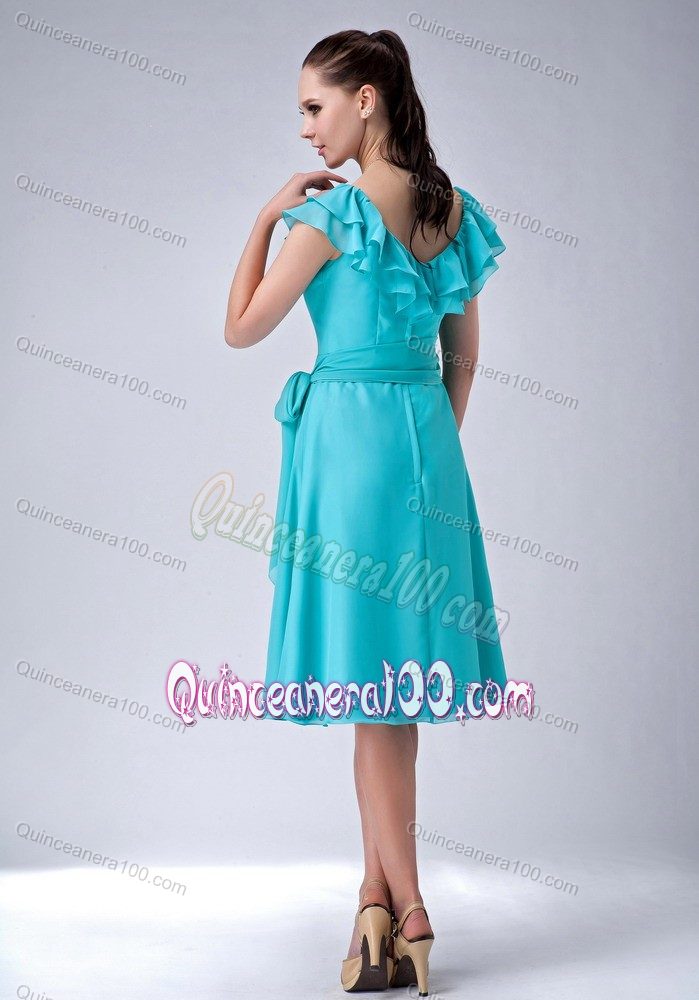 Turquoise Empire V-neck Tea-length Ruffles Dama Dress with Sash