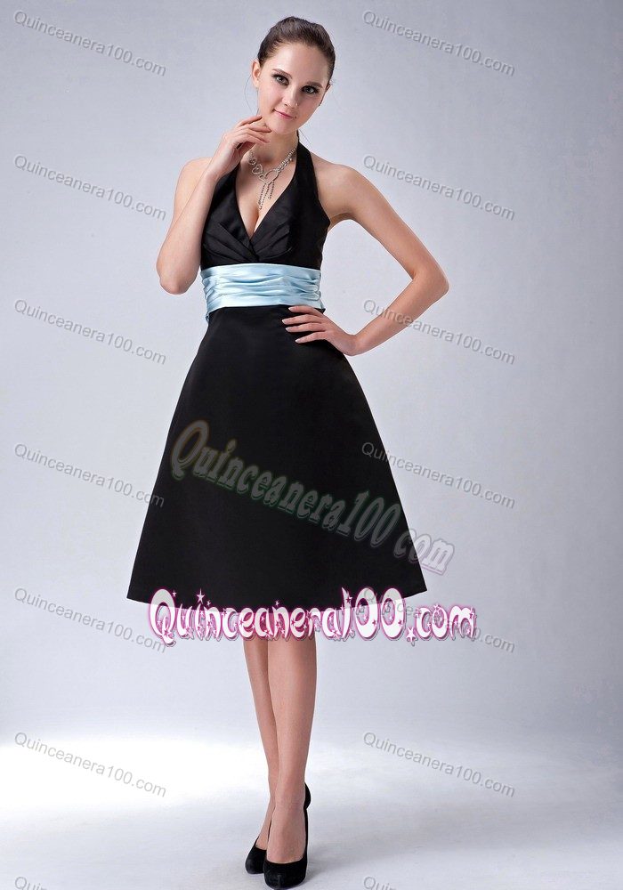 Halter A-line Knee-length Satin Black Dama Dress with Belt