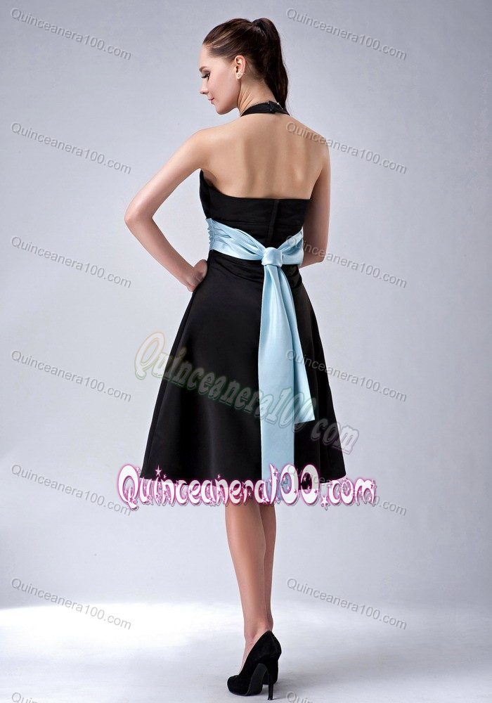 Halter A-line Knee-length Satin Black Dama Dress with Belt