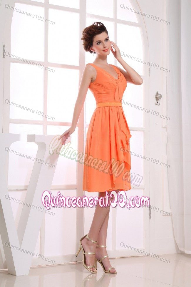 Straps V-neck Orange Ruched and Ruffled Knee-length Dama Dress