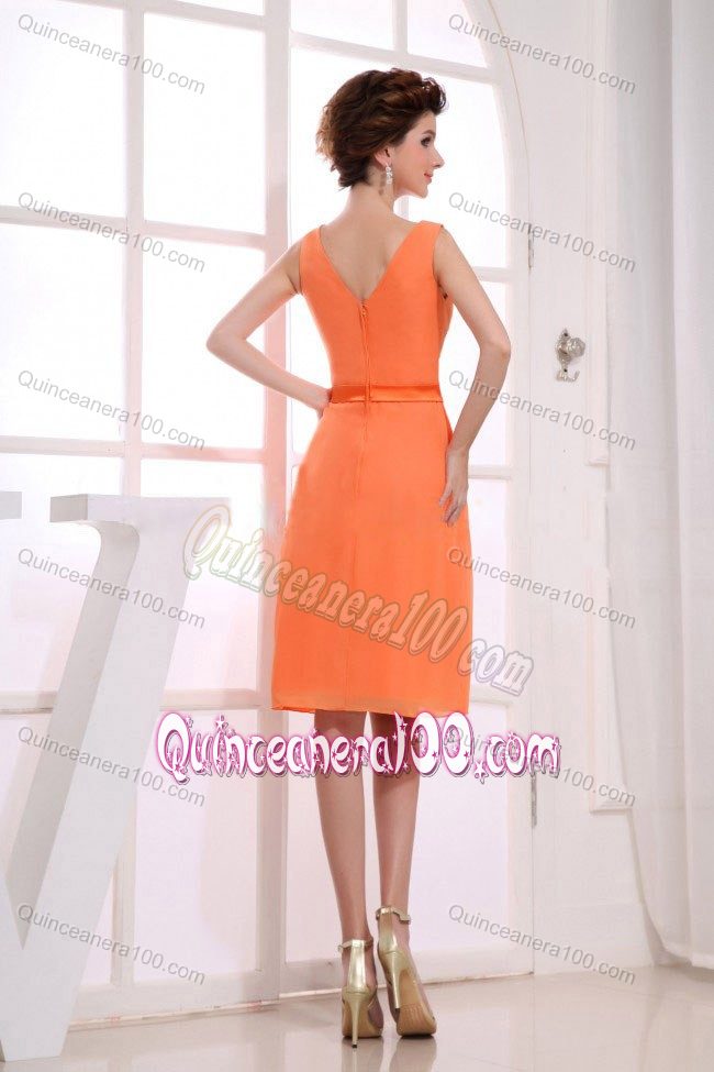 Straps V-neck Orange Ruched and Ruffled Knee-length Dama Dress