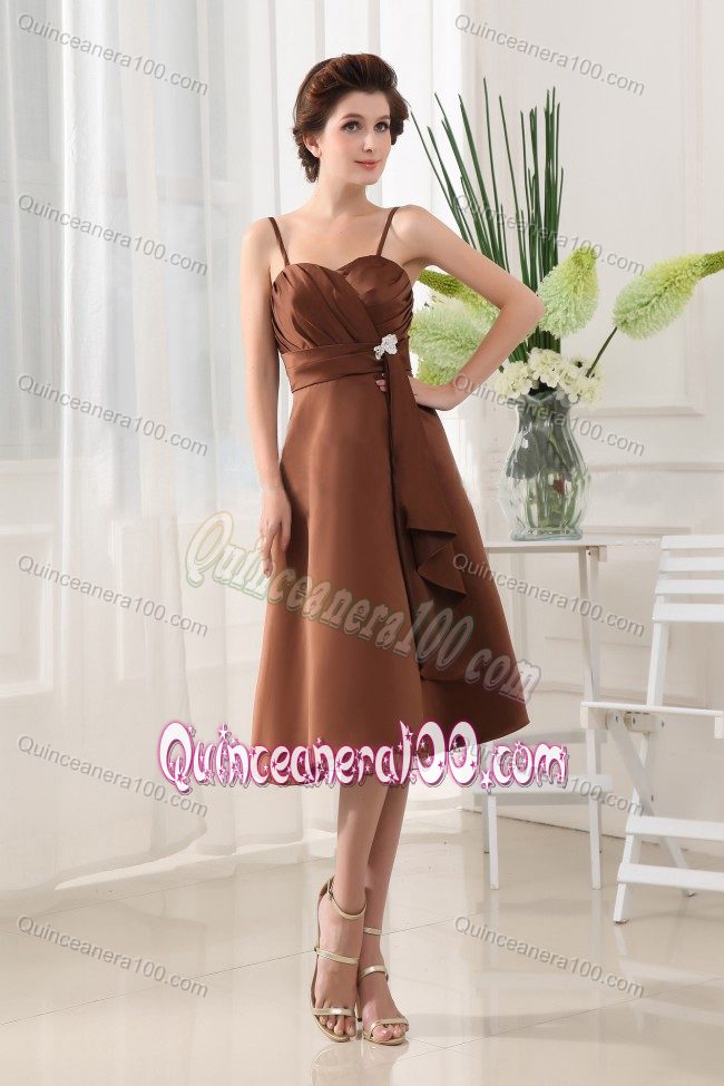 Brown A-Line Spaghetti Straps Tea-length Ruched Dama Dress