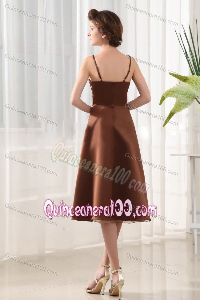 Brown A-Line Spaghetti Straps Tea-length Ruched Dama Dress