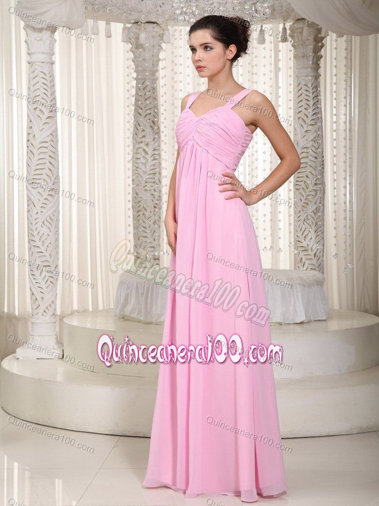 Straps Baby Pink Empire Chiffon Ruched Floor-length Dama Dress