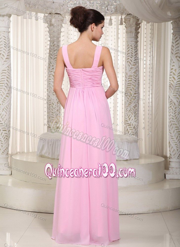 Straps Baby Pink Empire Chiffon Ruched Floor-length Dama Dress