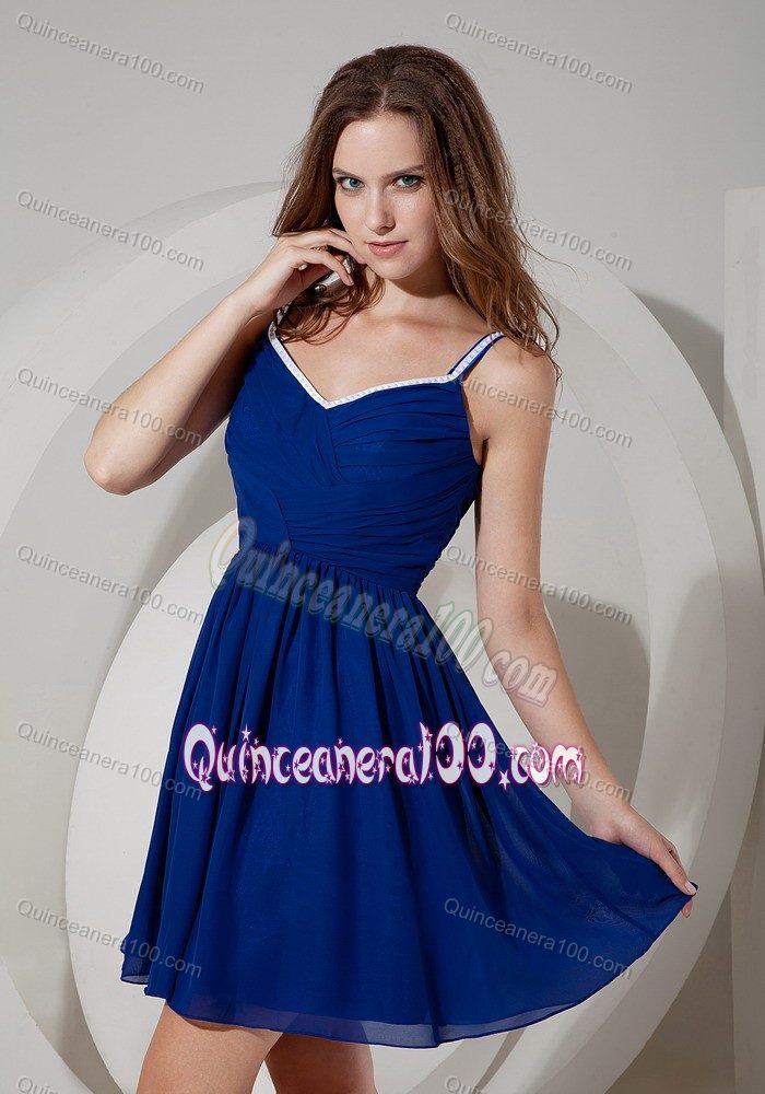 Spaghetti Straps Royal Blue A-line Mini-length Ruched Dama Dress