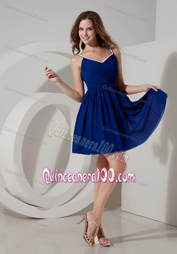 Spaghetti Straps Royal Blue A-line Mini-length Ruched Dama Dress