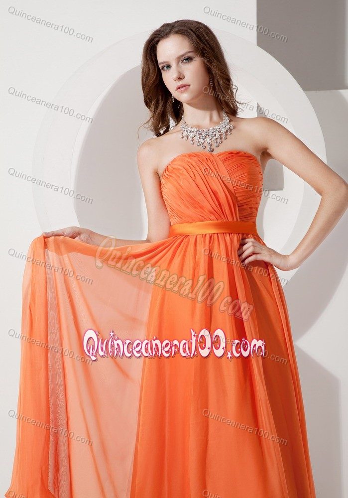 Strapless Empire Chiffon Dama Dress in Orange Red with Ruches