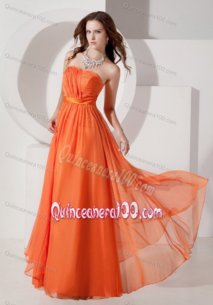 Strapless Empire Chiffon Dama Dress in Orange Red with Ruches