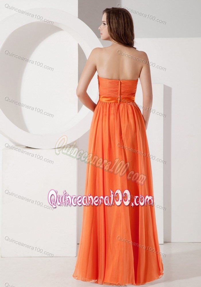 Strapless Empire Chiffon Dama Dress in Orange Red with Ruches