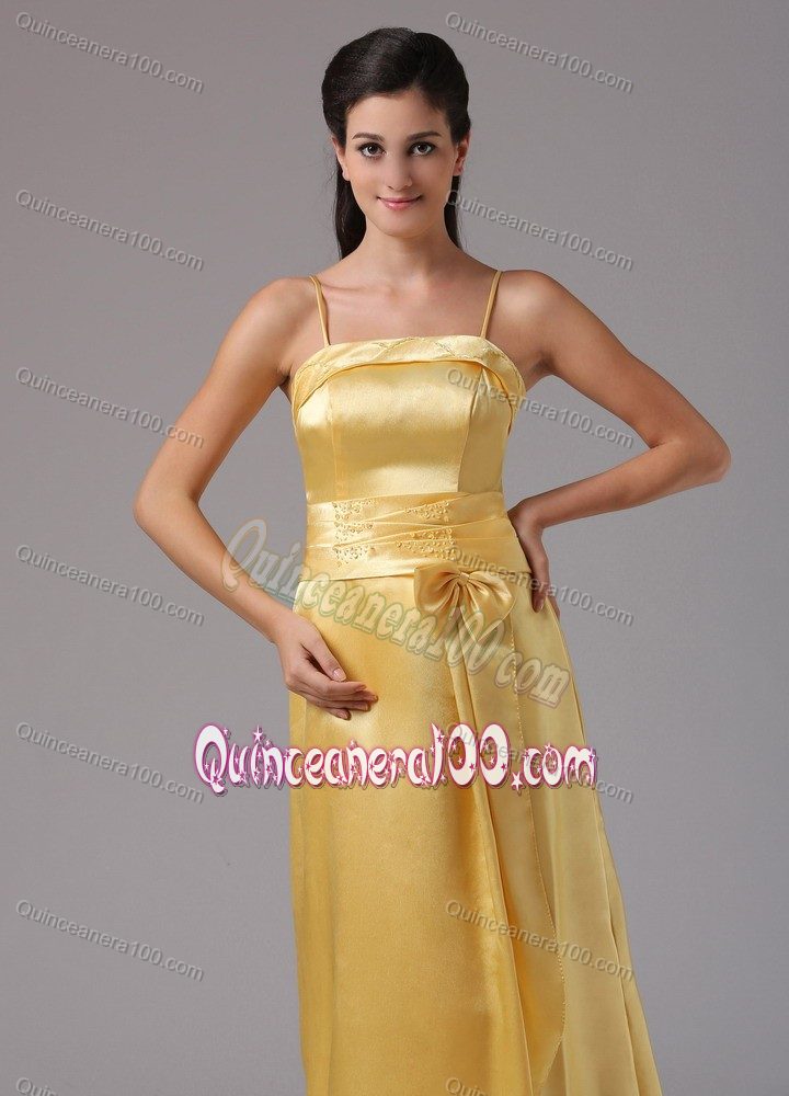 Spaghetti Straps Yellow Column Ankle-length Dama Dress With Bow