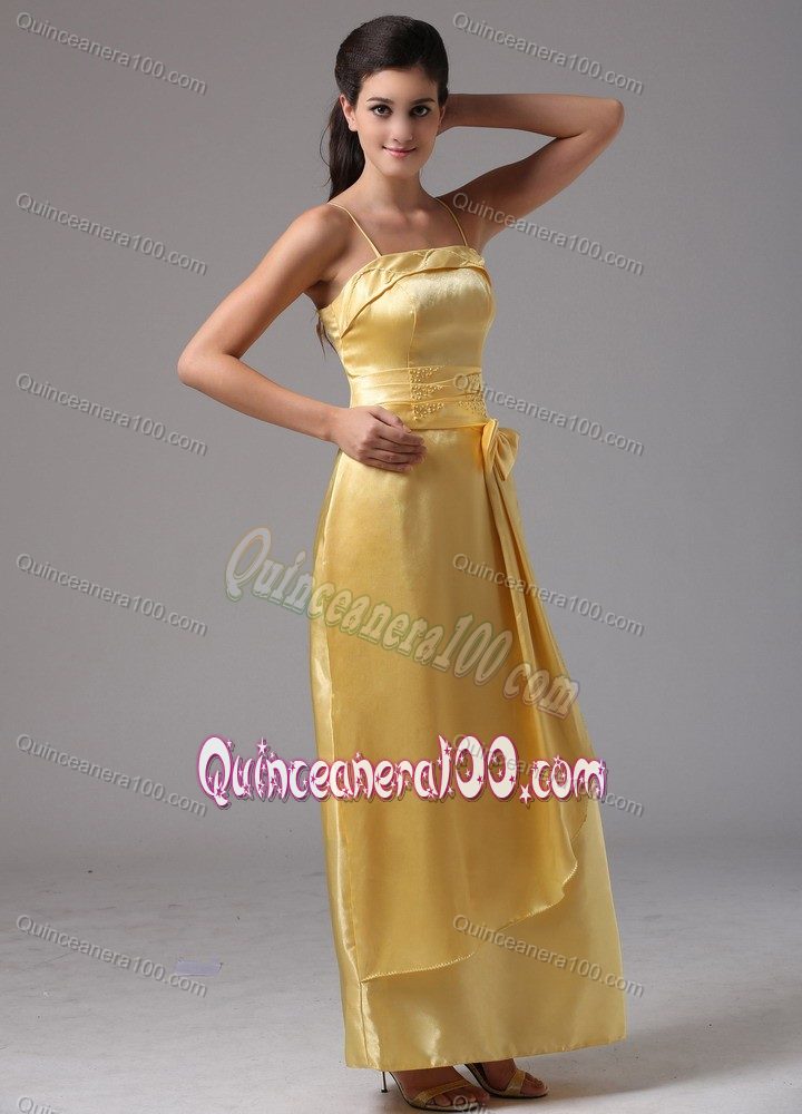 Spaghetti Straps Yellow Column Ankle-length Dama Dress With Bow