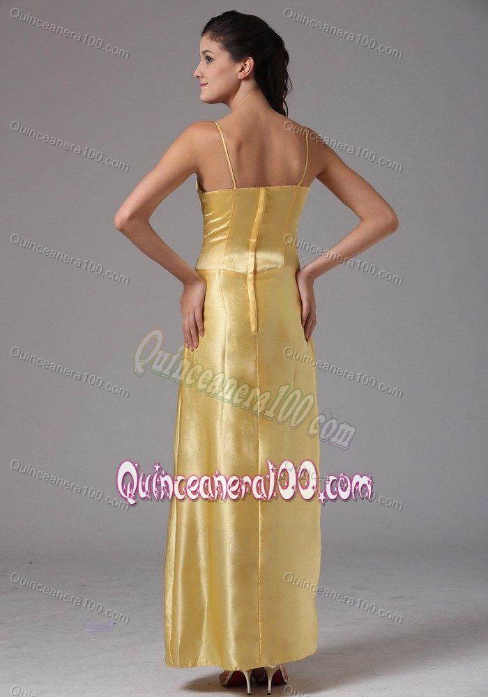 Spaghetti Straps Yellow Column Ankle-length Dama Dress With Bow