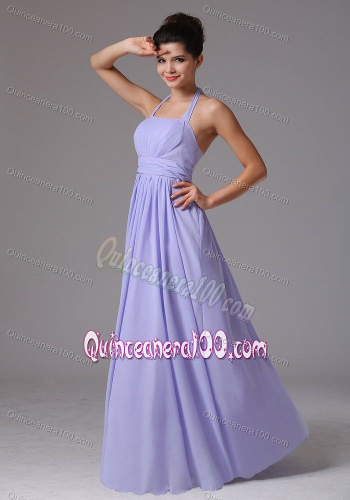 Elegant Lilac Halter Chiffon Dama Dress with Beading and Ruching