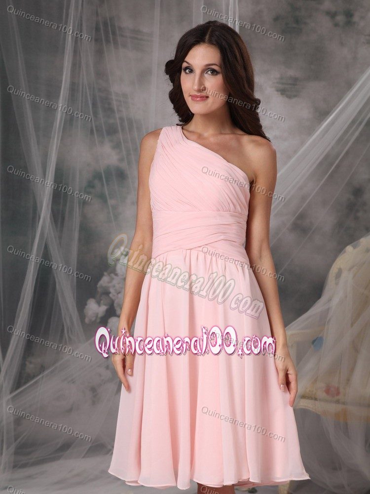 Baby Pink Empire One Shoulder Knee-length Chiffon Dama Dress