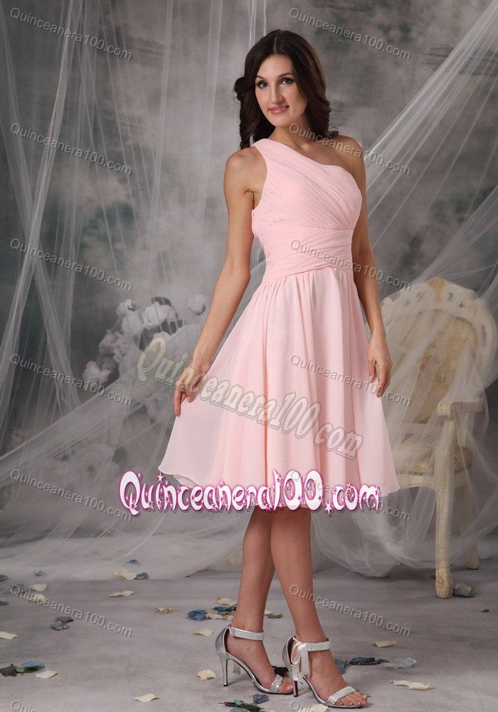 Baby Pink Empire One Shoulder Knee-length Chiffon Dama Dress