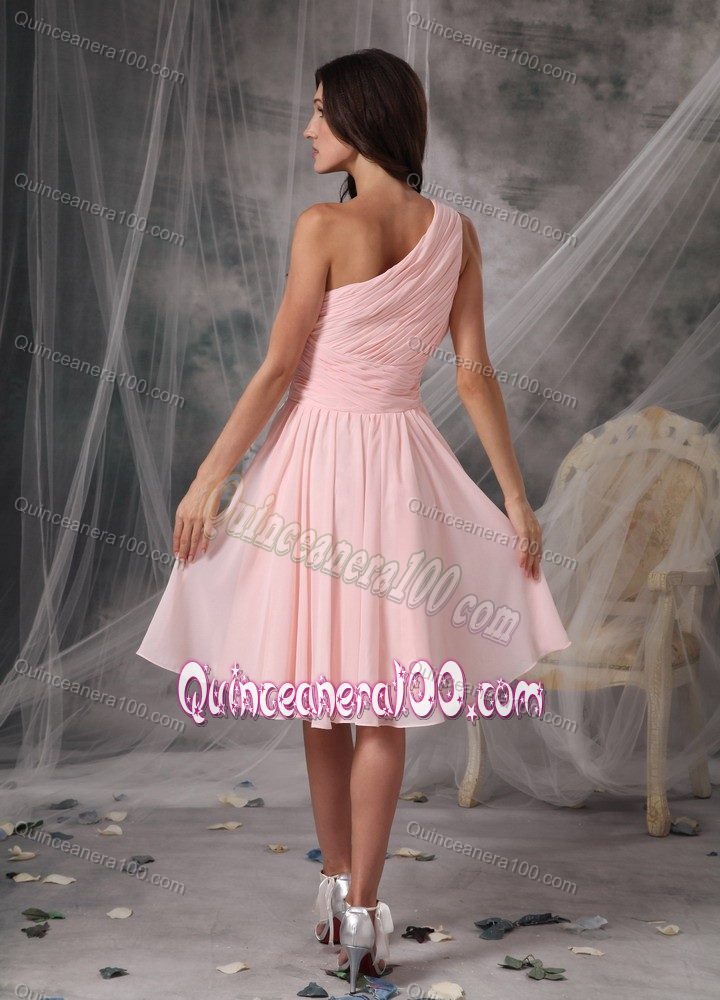 Baby Pink Empire One Shoulder Knee-length Chiffon Dama Dress