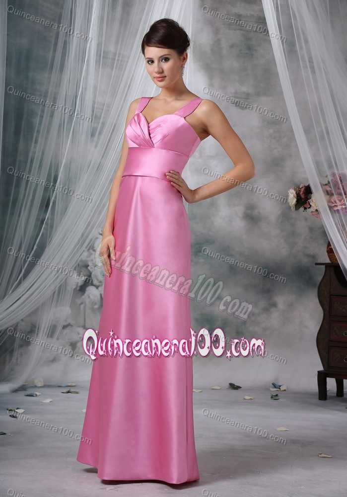 Straps Colum Floor-length Satin Dama Dress in Pink with Band