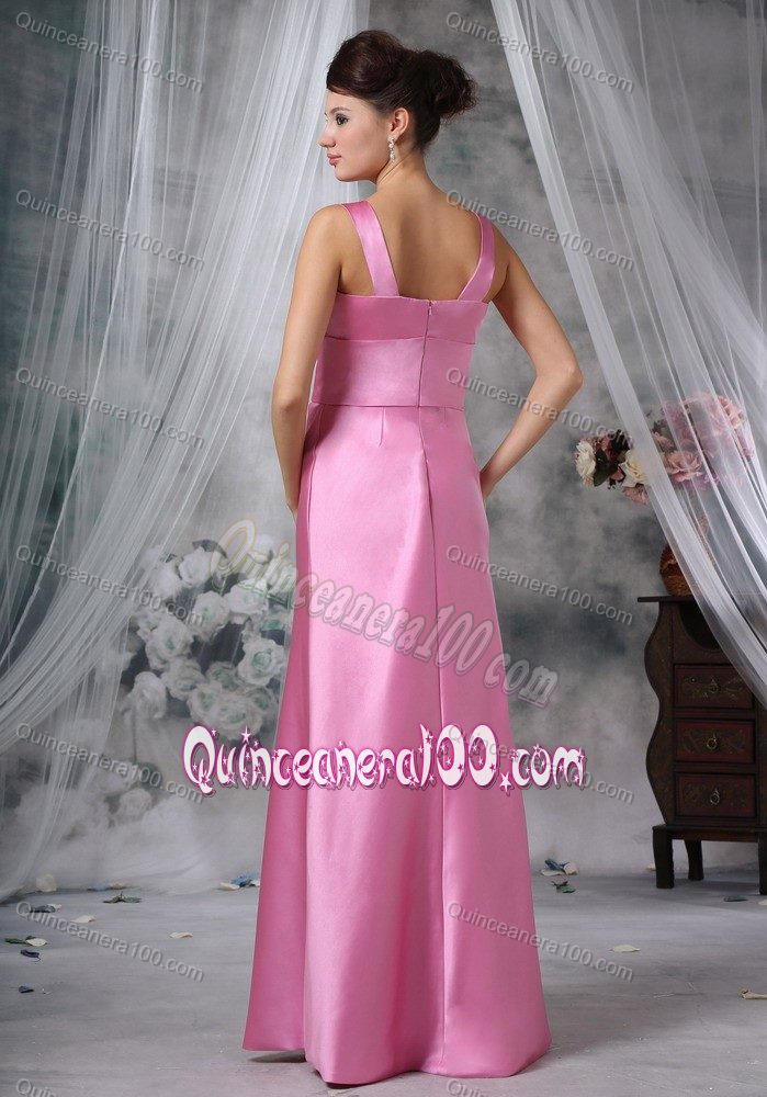 Straps Colum Floor-length Satin Dama Dress in Pink with Band