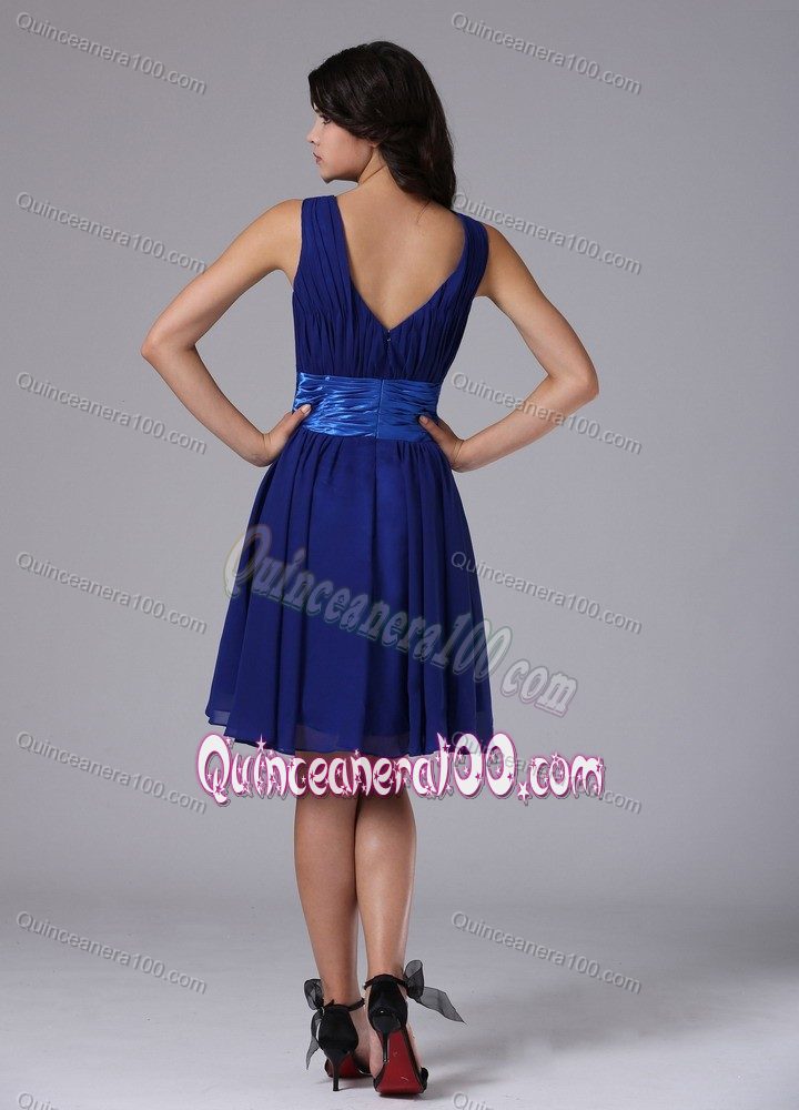 Peacock Blue V-neck Chiffon Dama Dress With Bowknot and Ruches