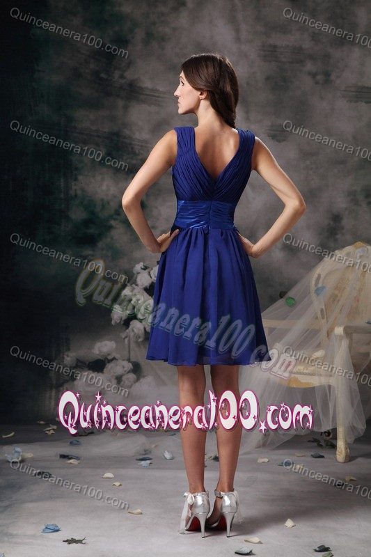 V-neck Peacock Blue Empire Mini-length Dama Dress with Ruches