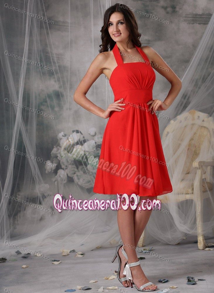 Red Empire Halter Knee-length Dama Dress Chiffon with Ruches