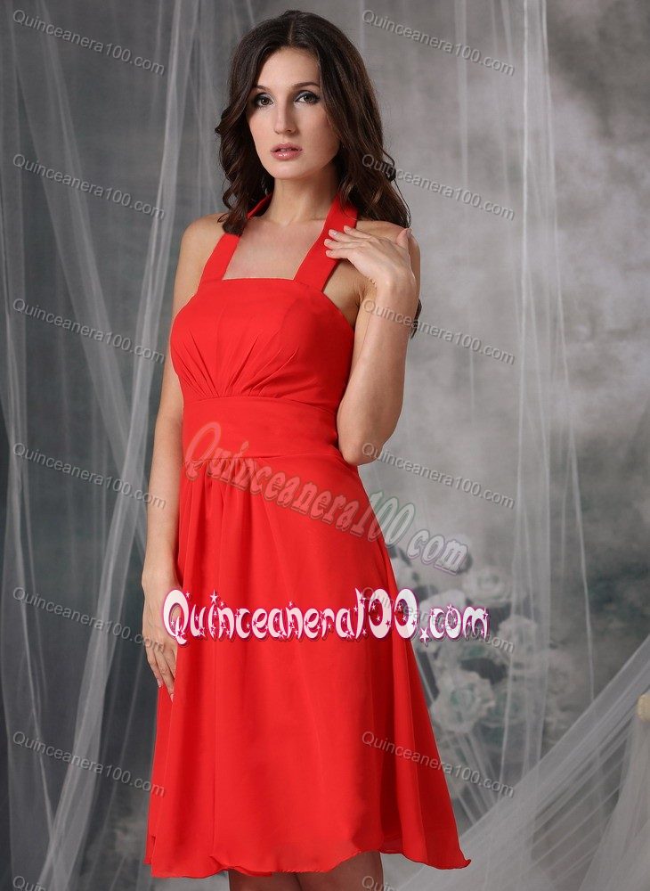 Red Empire Halter Knee-length Dama Dress Chiffon with Ruches