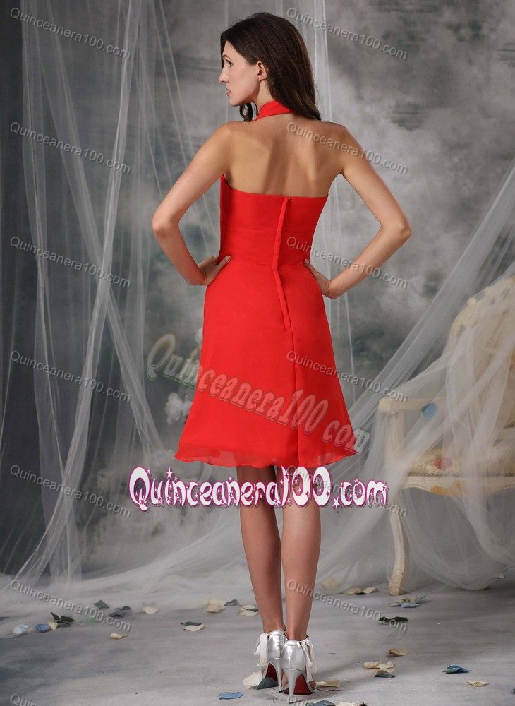 Red Empire Halter Knee-length Dama Dress Chiffon with Ruches