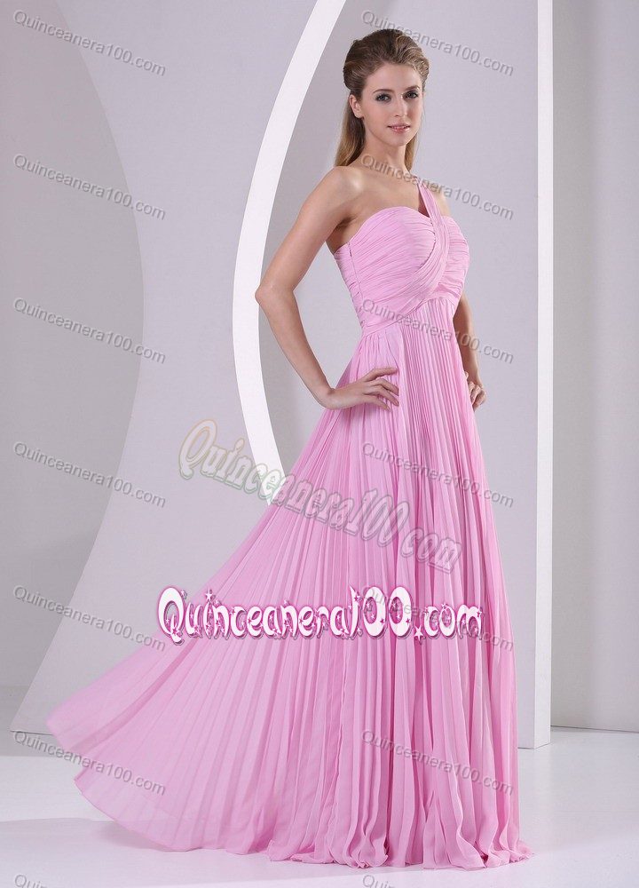 One Shoulder Pleated Pink Chiffon Empire Brush Train Dama Dress