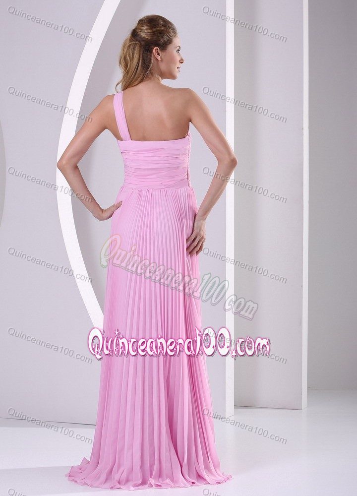 One Shoulder Pleated Pink Chiffon Empire Brush Train Dama Dress