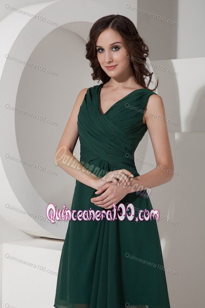 A-Line V-neck Olive Chiffon Ruched Dama Dress Knee-length