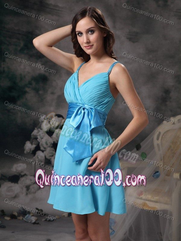 Lovely Aqua Blue Empire Straps Bowknot Short Damas Dresses For Quince