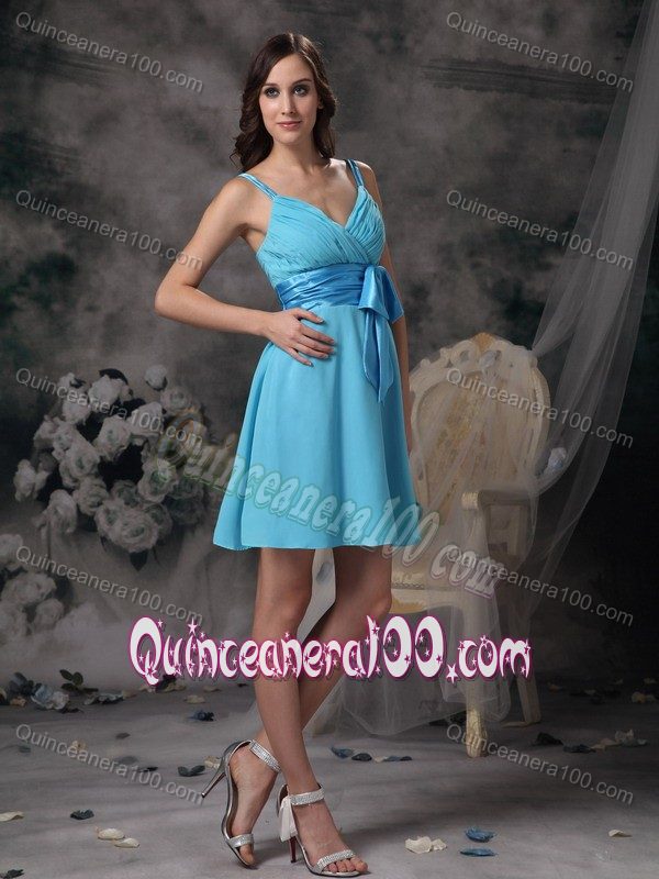 Lovely Aqua Blue Empire Straps Bowknot Short Damas Dresses For Quince