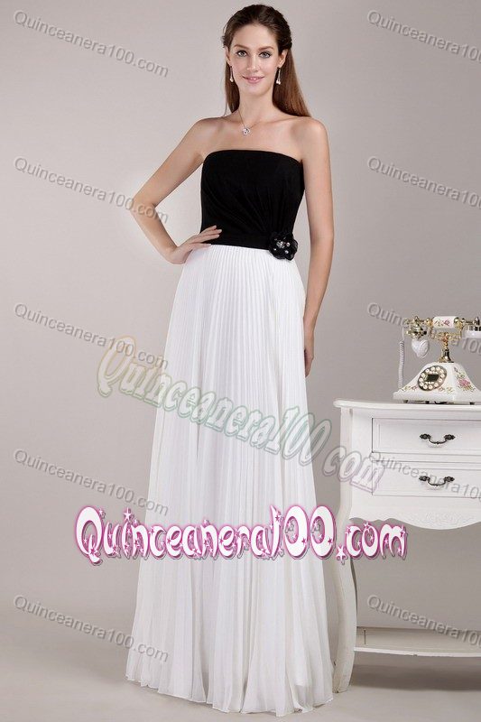 Black and White Empire Strapless Floor-length Dama Dress with Pleats