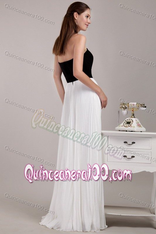 Black and White Empire Strapless Floor-length Dama Dress with Pleats