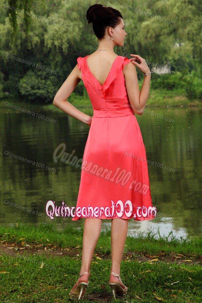 Watermelon Red Empire V-neck Knee-length Dresses For Damas with Buttons