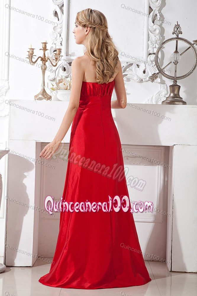 Red A-line Strapless Floor-length Quince Dama Dress with Bodice Ruched