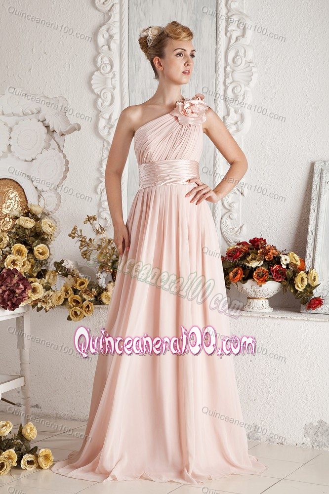 Baby Pink Empire One Shoulder Brush Train Formal Dresses For Dama