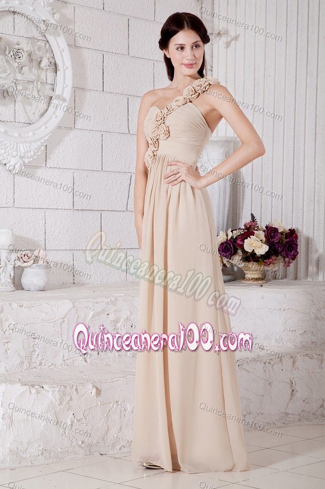 Champagne Empire One Shoulder Hand Made Flowers Dama Dress Floor-length